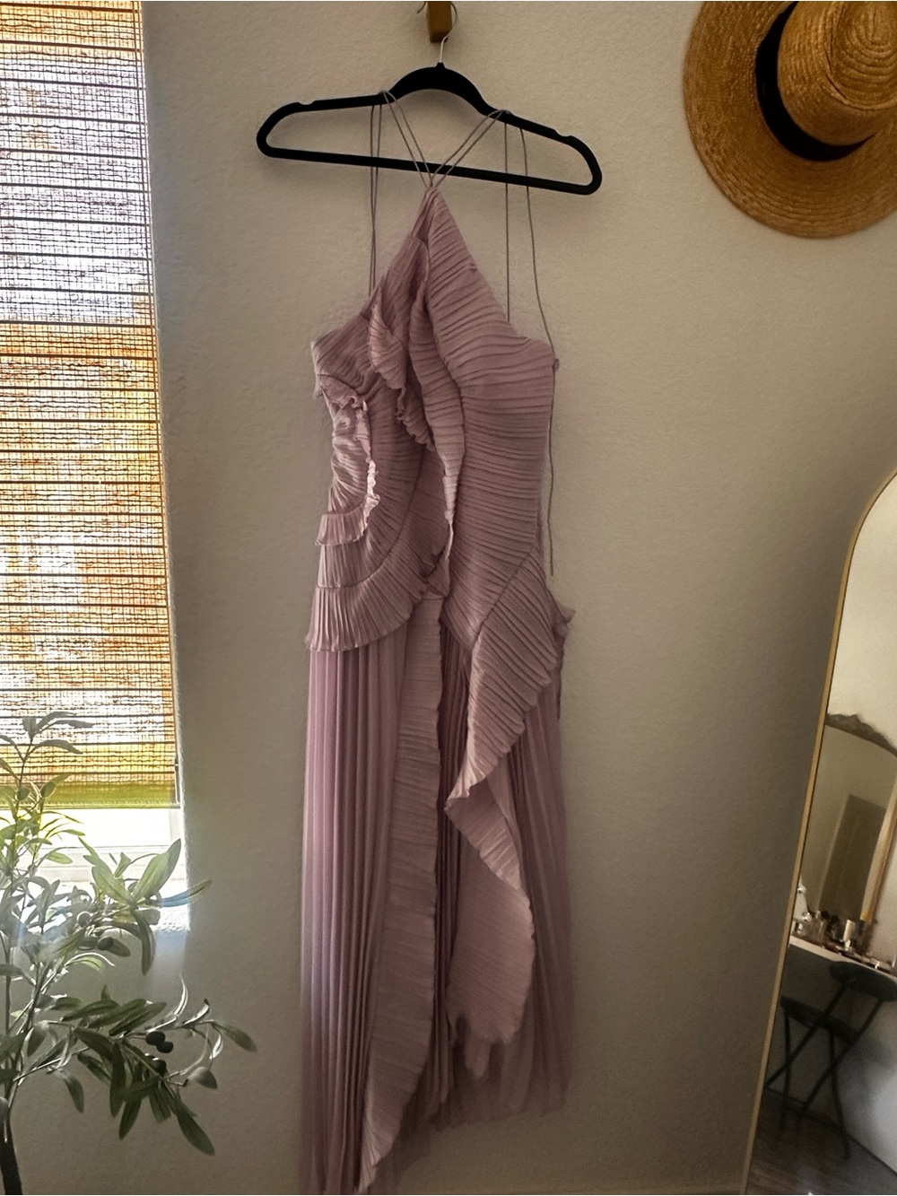 Pleated Ruffle Halter Midi Dress in Dusty Lilac
